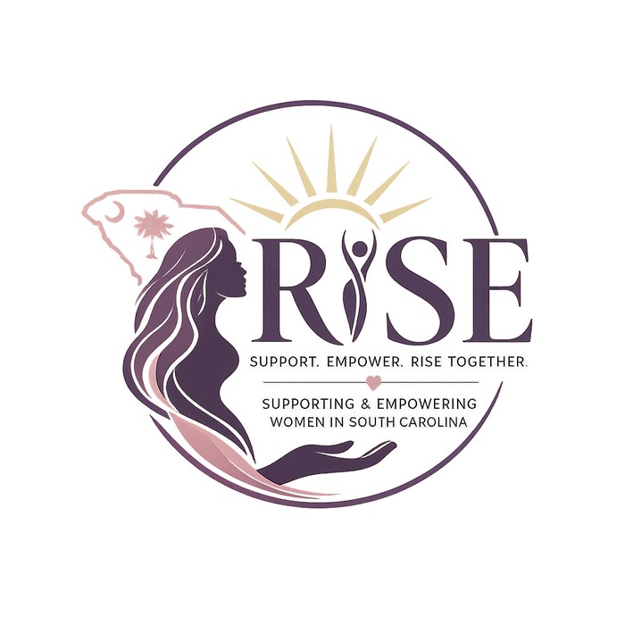 Rise logo badge — a woman in profile beneath a rising sun, with the South Carolina outline and the words Support, Empower, Rise Together