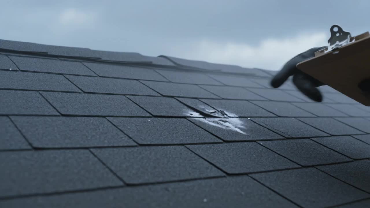 Roofing inspector examining shingles for storm damage