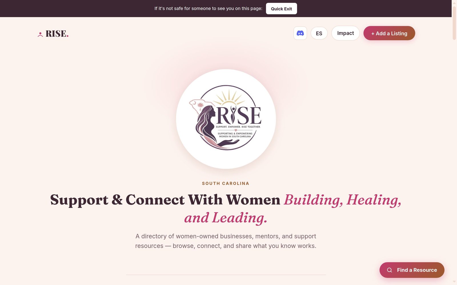 Screenshot of the Rise directory homepage
