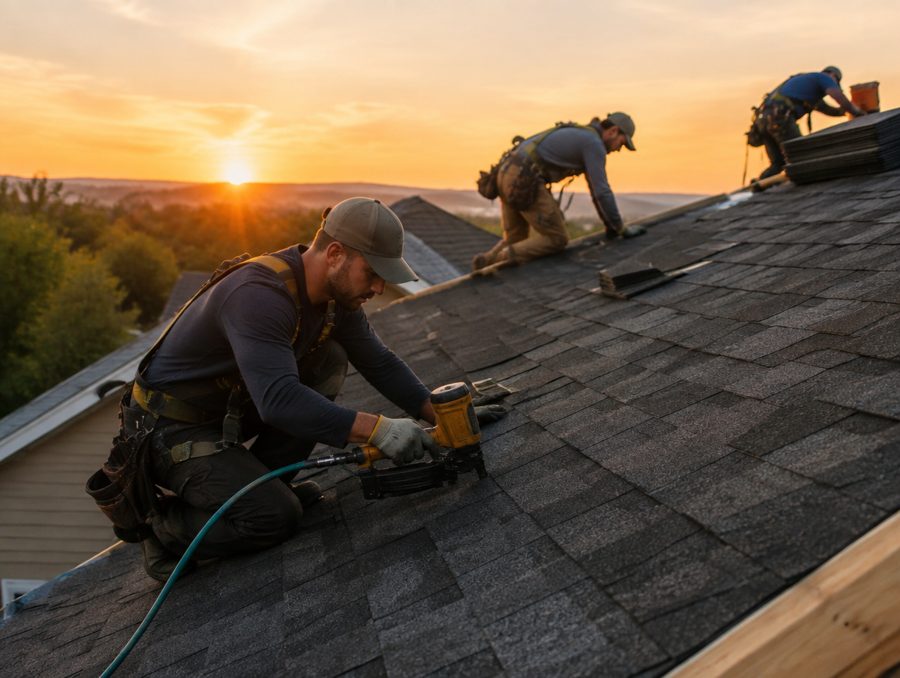 Roofer performing a detailed inspection along a roofline