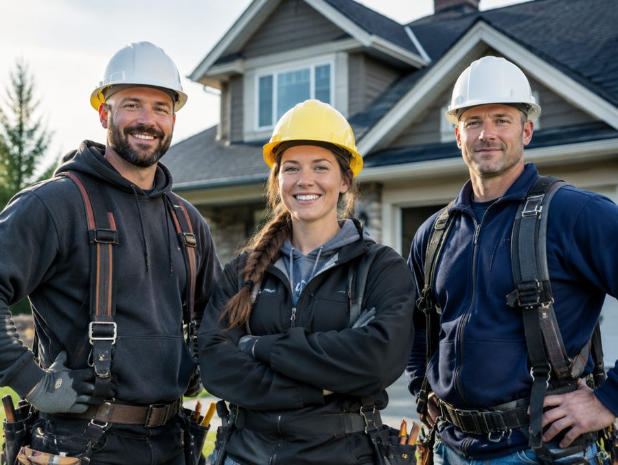 Roofing crew reviewing plans on a rooftop job site