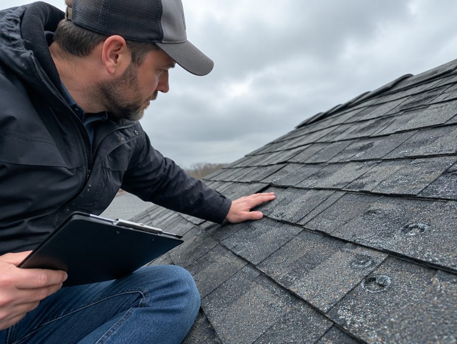 Inspector documenting hail damage on roof shingles