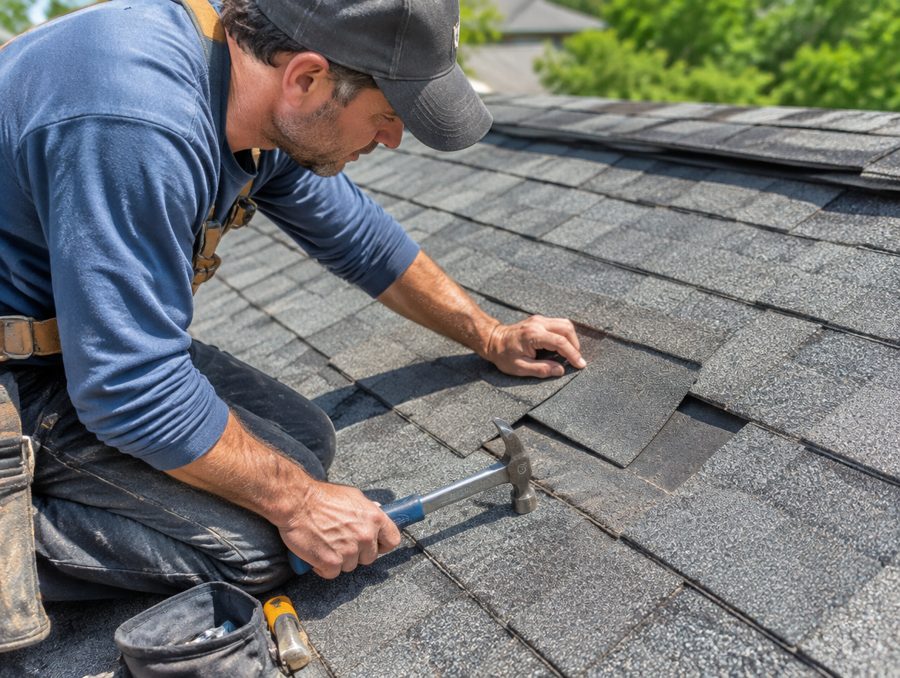Roofer repairing a damaged shingle section