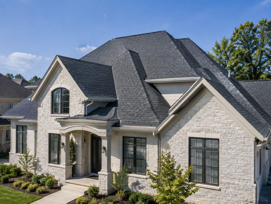 New roof replacement installation with fresh shingles