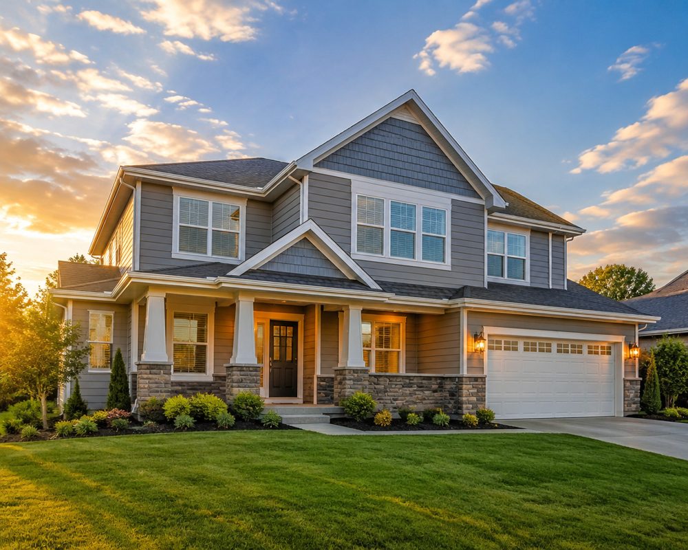 Bright modern home exterior with colorful front door