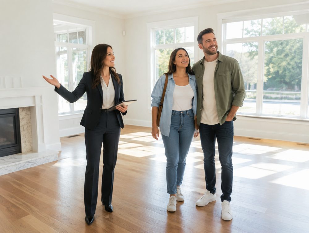 Buyers touring a sunlit home with their agent