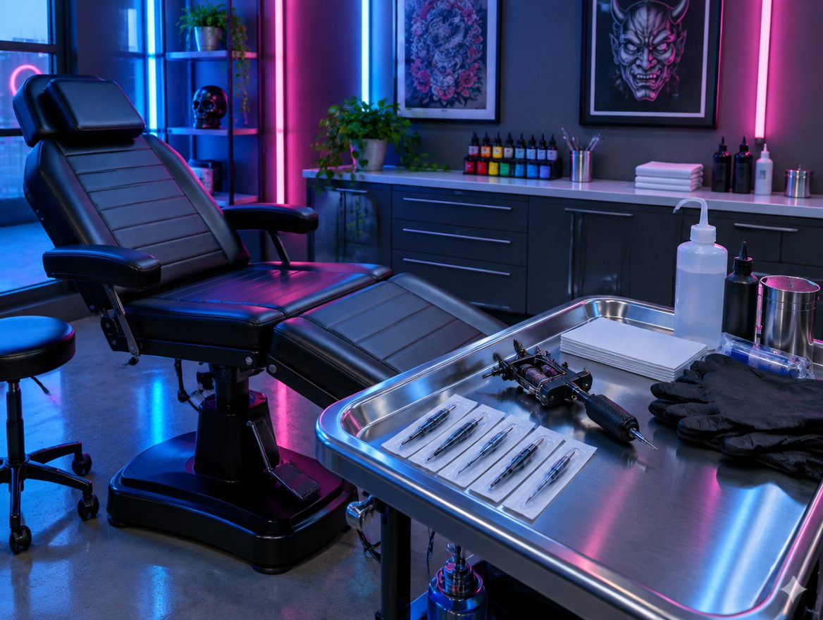 Sterile tattoo station with chair and tray